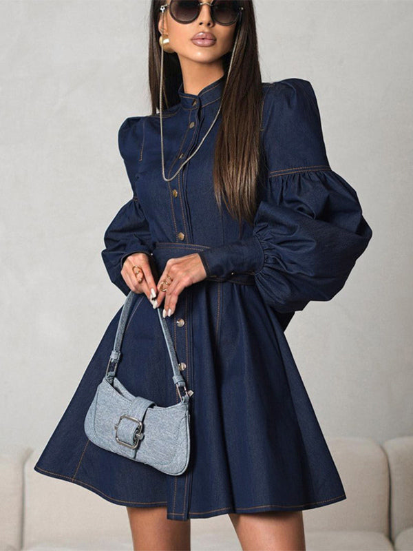 Denim Skater Dress Puff Sleeve Button-Up A-line Mini Dress For Women 2026