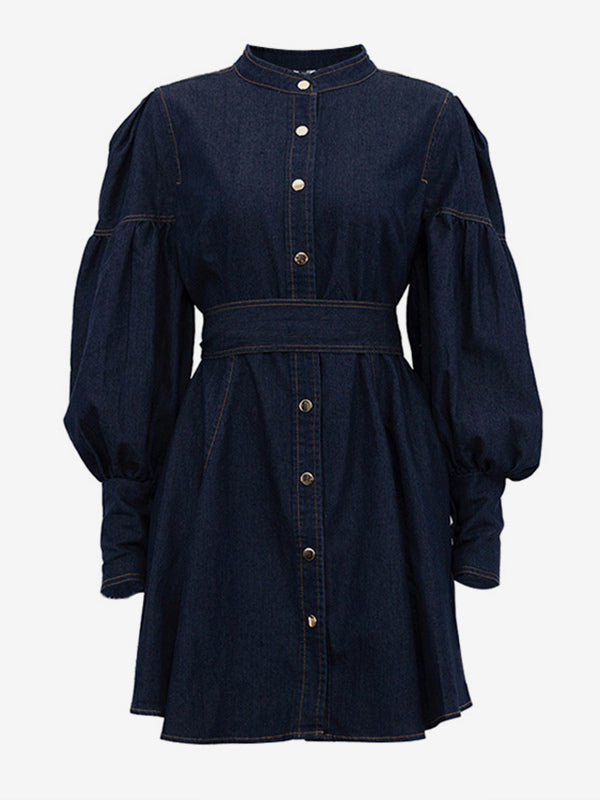 Denim Skater Dress Puff Sleeve Button-Up A-line Mini Dress For Women 2026