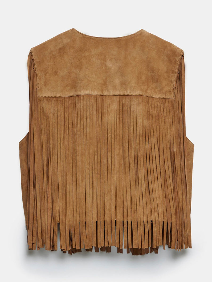 Western Cowgirl Fringe Vest Crew Neck Bohemian Spring Suede Jacket For Women 2026