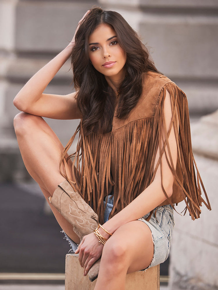 Western Cowgirl Fringe Vest Crew Neck Bohemian Spring Suede Jacket For Women 2026