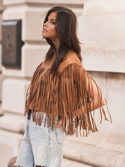Western Cowgirl Fringe Vest Crew Neck Bohemian Spring Suede Jacket For Women 2026