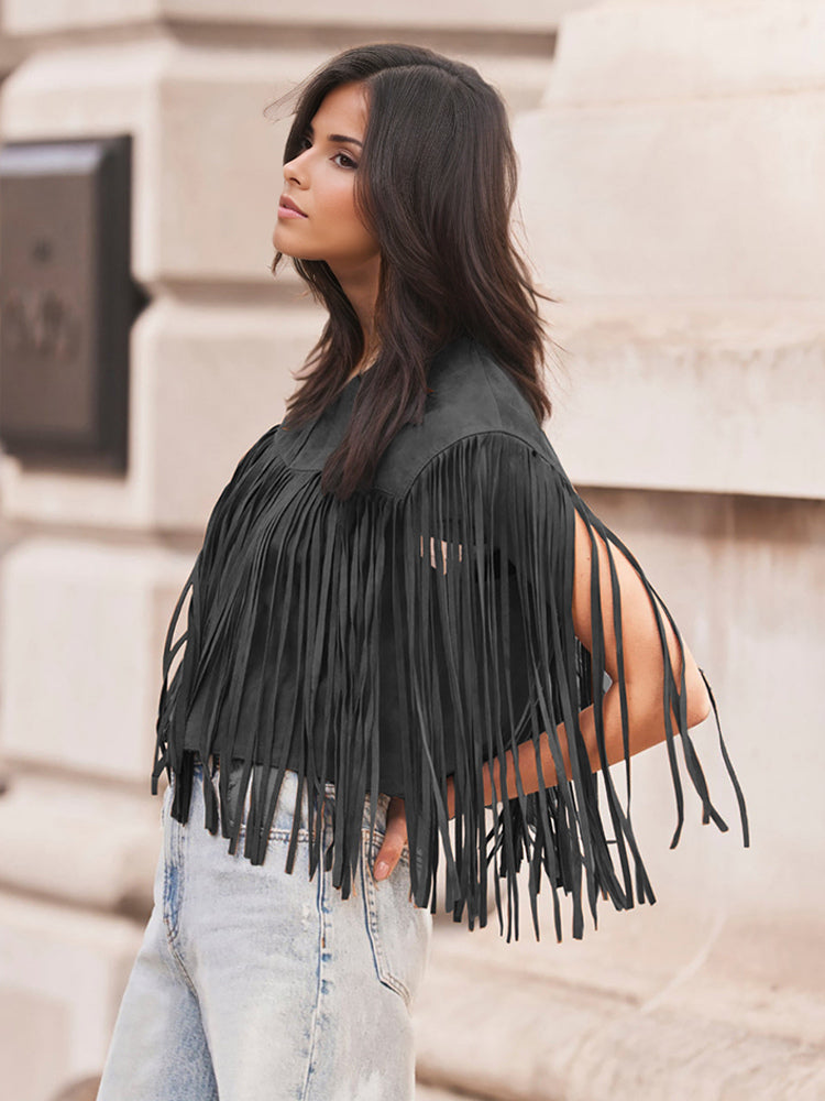 Western Cowgirl Fringe Vest Crew Neck Bohemian Spring Suede Jacket For Women 2026
