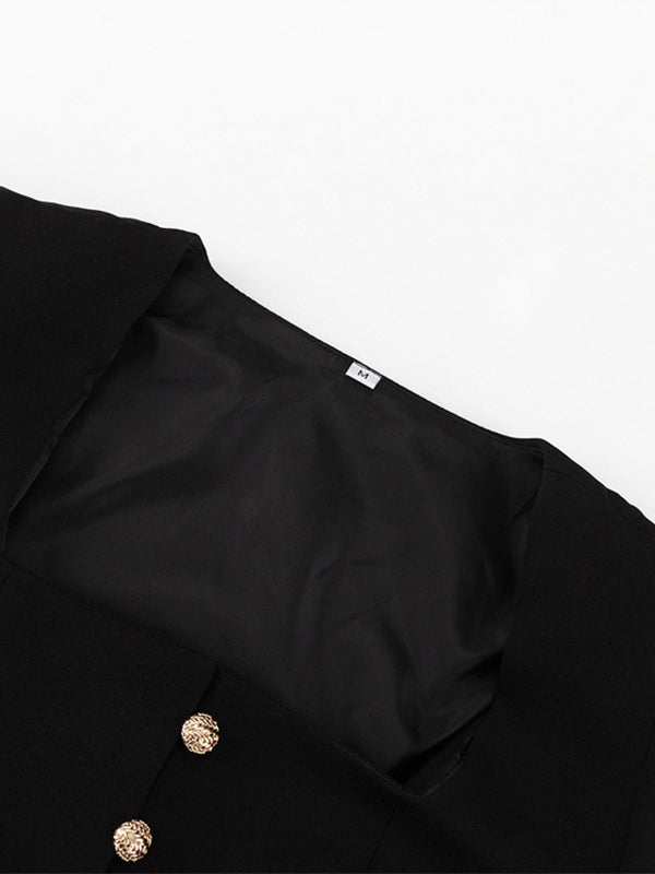Square Neck Button-Up Blazer Jacket With Gold Buttons Slim Fit Black Top For Women 2026