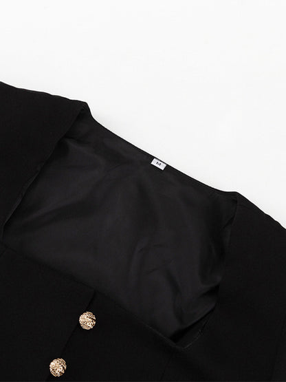 Square Neck Button-Up Blazer Jacket With Gold Buttons Slim Fit Black Top For Women 2026