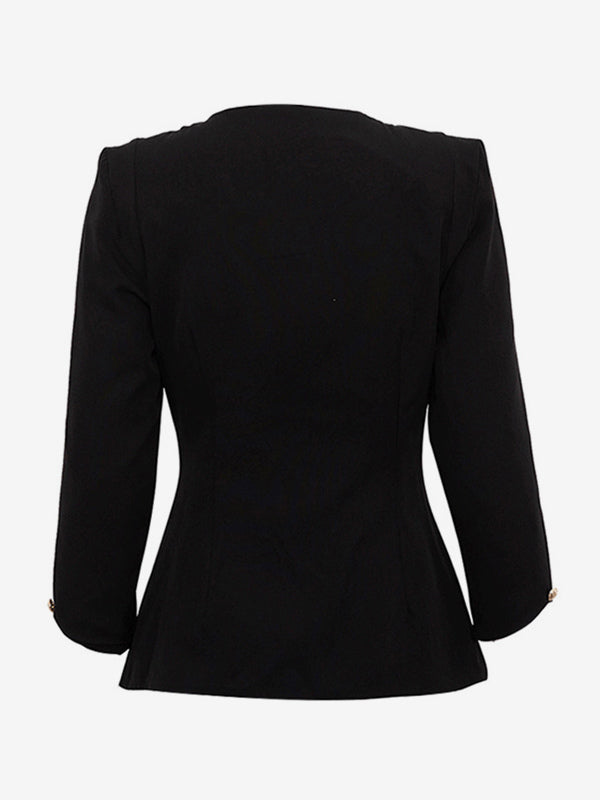 Square Neck Button-Up Blazer Jacket With Gold Buttons Slim Fit Black Top For Women 2026