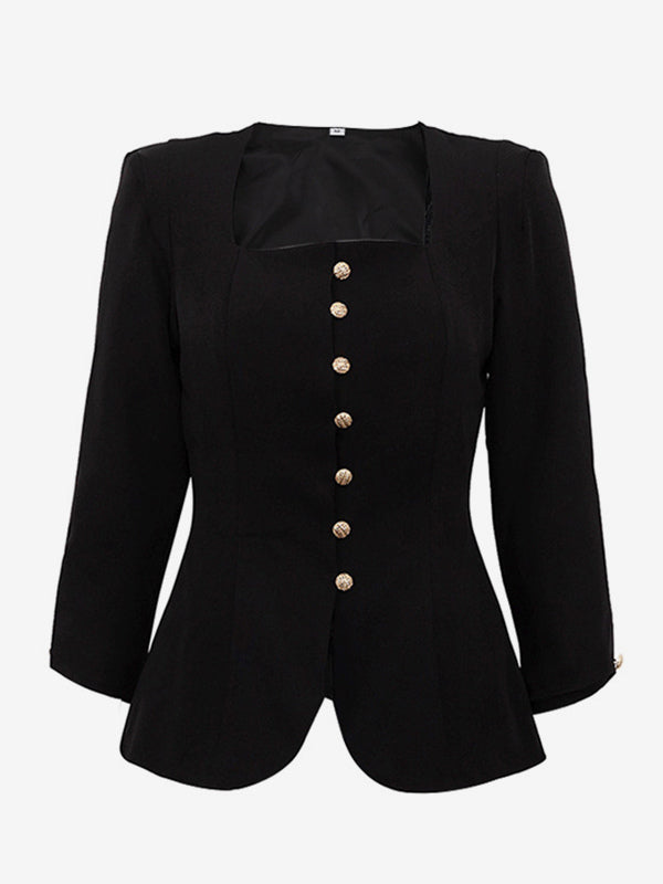 Square Neck Button-Up Blazer Jacket With Gold Buttons Slim Fit Black Top For Women 2026