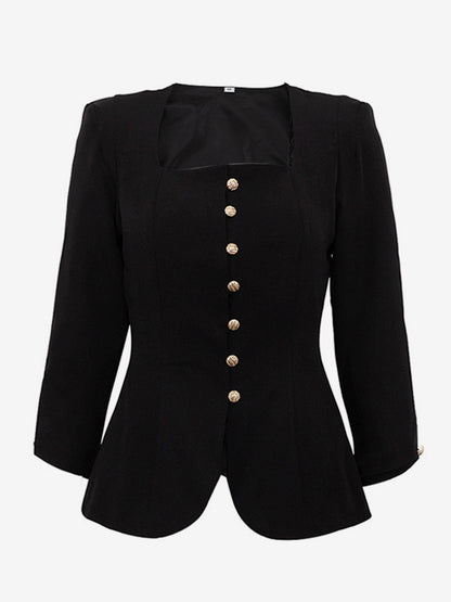 Square Neck Button-Up Blazer Jacket With Gold Buttons Slim Fit Black Top For Women 2026