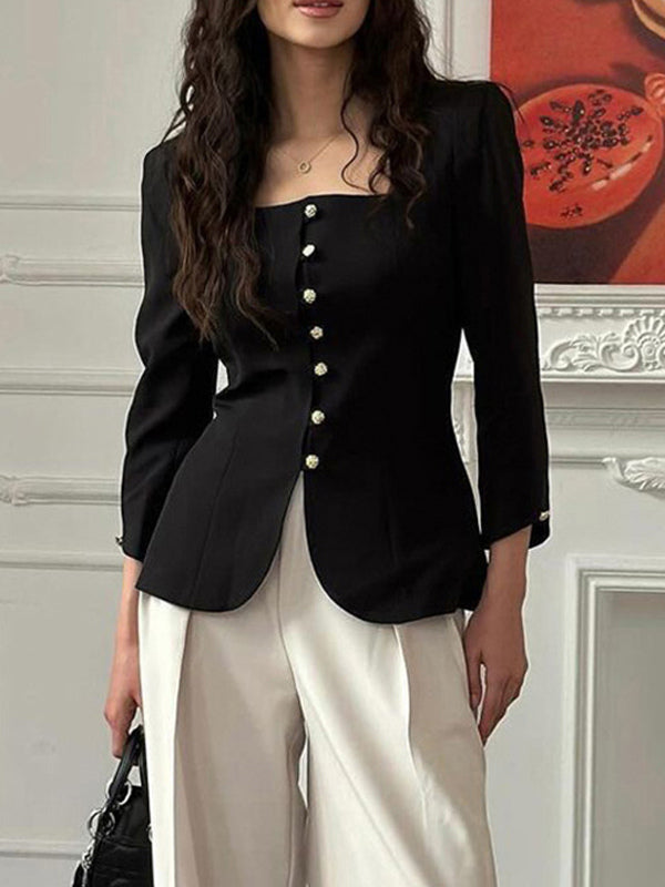 Square Neck Button-Up Blazer Jacket With Gold Buttons Slim Fit Black Top For Women 2026