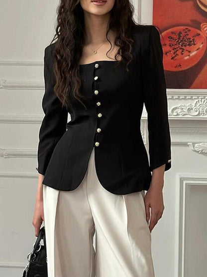 Square Neck Button-Up Blazer Jacket With Gold Buttons Slim Fit Black Top For Women 2026