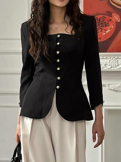Square Neck Button-Up Blazer Jacket With Gold Buttons Slim Fit Black Top For Women 2026