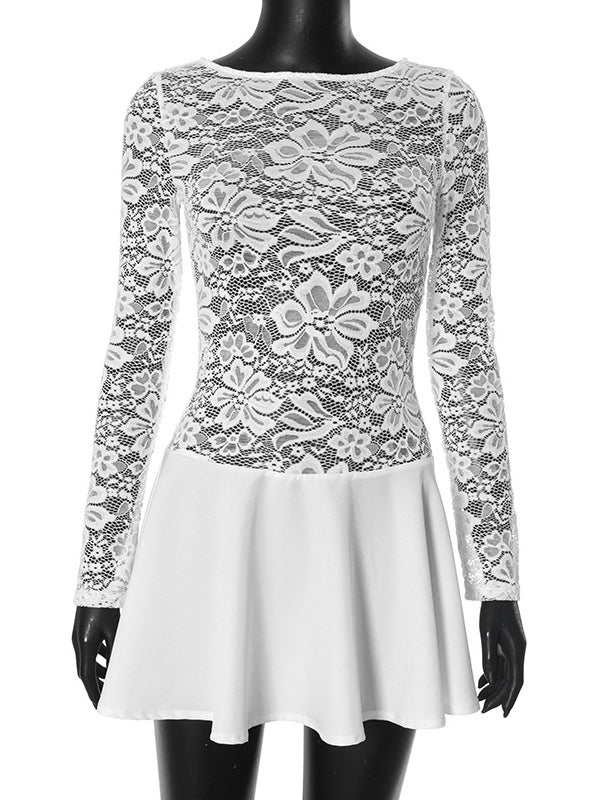 Lace Overlay A-line Dress Sheer Long Sleeve Mini Party Dress For Women 2026