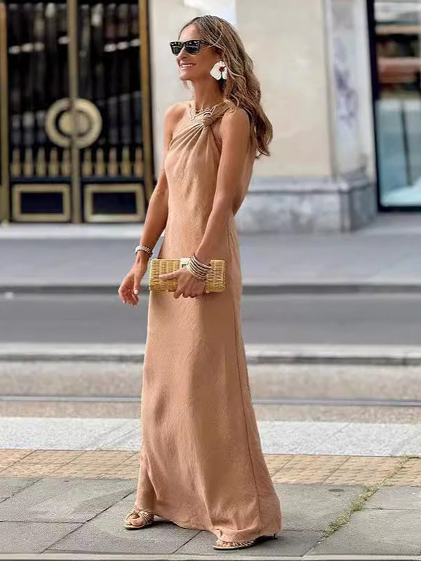 One Shoulder Maxi Dress for Women - Boho Knot Neck Sleeveless Loose Fit Column Sundress - Summer Resort Holiday 2026