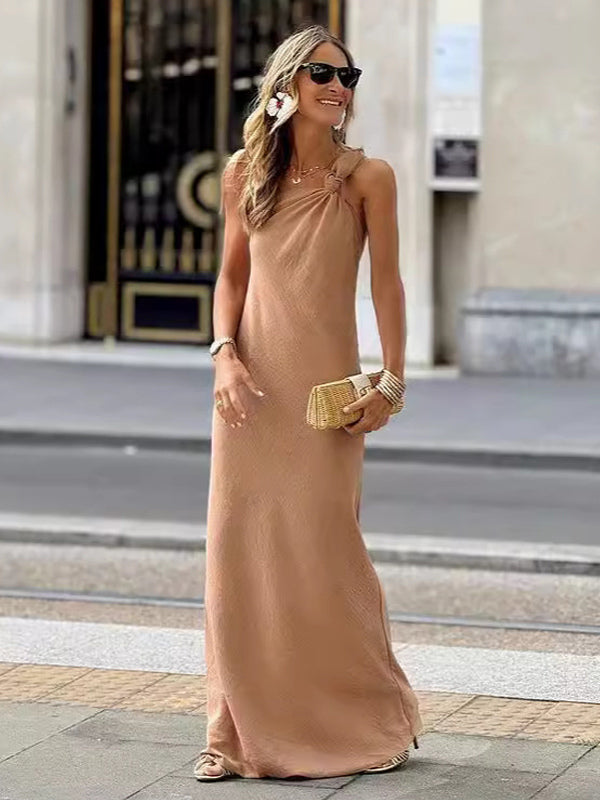 One Shoulder Maxi Dress for Women - Boho Knot Neck Sleeveless Loose Fit Column Sundress - Summer Resort Holiday 2026