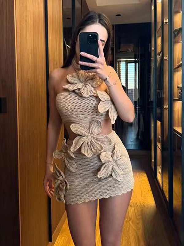 3D Flower Crochet Mini Dress Women - Boho Halter Neck Cutout Waist Knitted Bodycon Sundress - Summer Beach Vacation 2026