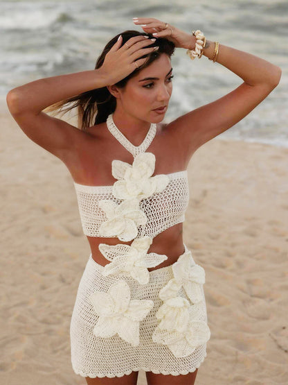 3D Flower Crochet Mini Dress Women - Boho Halter Neck Cutout Waist Knitted Bodycon Sundress - Summer Beach Vacation 2026