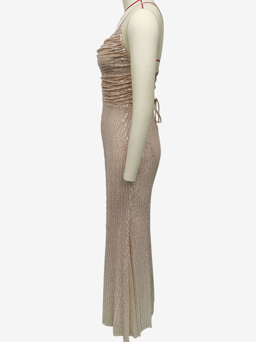 Sparkly Sequin Maxi Dress In Champagne Lace-up Ruched Spaghetti Straps Party Dress For Women 2026