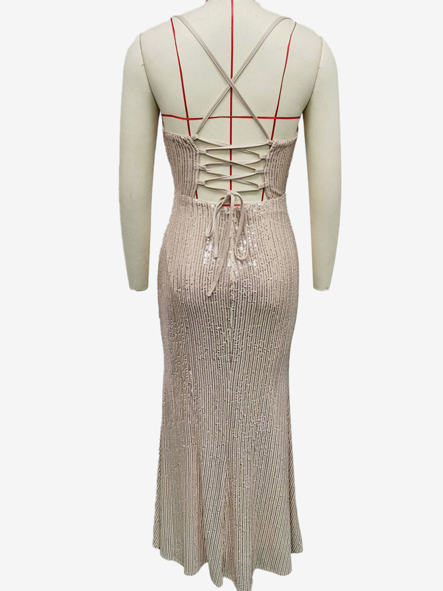 Sparkly Sequin Maxi Dress In Champagne Lace-up Ruched Spaghetti Straps Party Dress For Women 2026