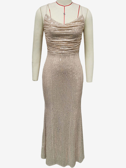 Sparkly Sequin Maxi Dress In Champagne Lace-up Ruched Spaghetti Straps Party Dress For Women 2026