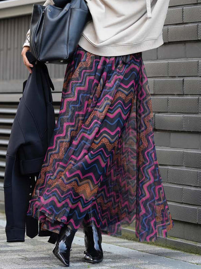Mesh Skirt With Wavy Stripes Flowing Long Skirt For Women 2026