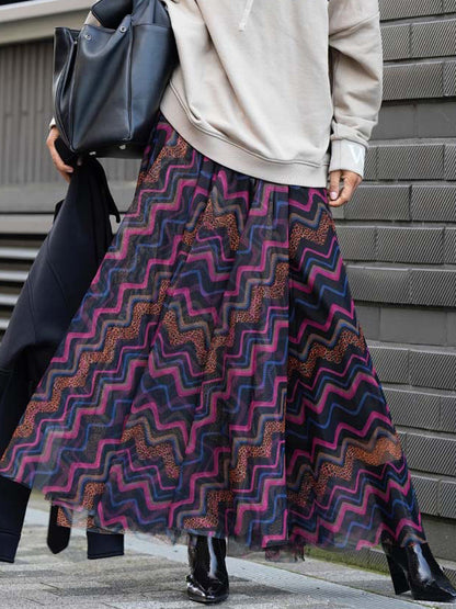 Mesh Skirt With Wavy Stripes Flowing Long Skirt For Women 2026