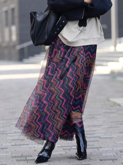 Mesh Skirt With Wavy Stripes Flowing Long Skirt For Women 2026