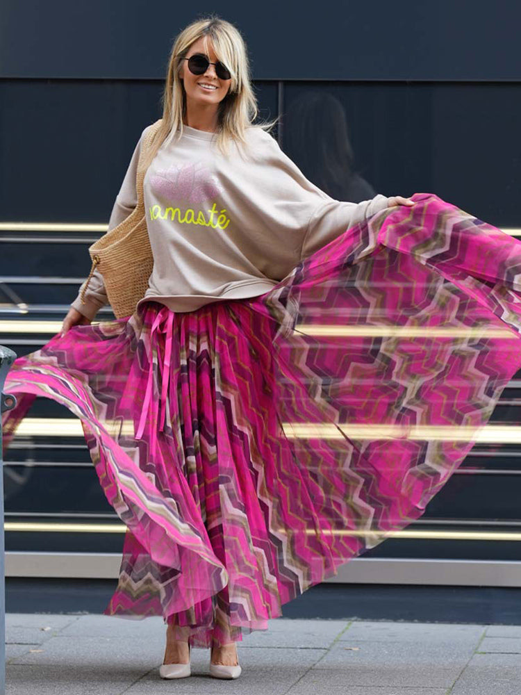 Mesh Skirt With Wavy Stripes Flowing Long Skirt For Women 2026