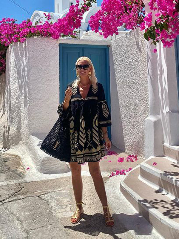 Boho Printed Mini Dress for Women - Black Ethnic V Neck Bell Sleeve Loose Fit Babydoll Tunic Dress - Summer Resort 2026