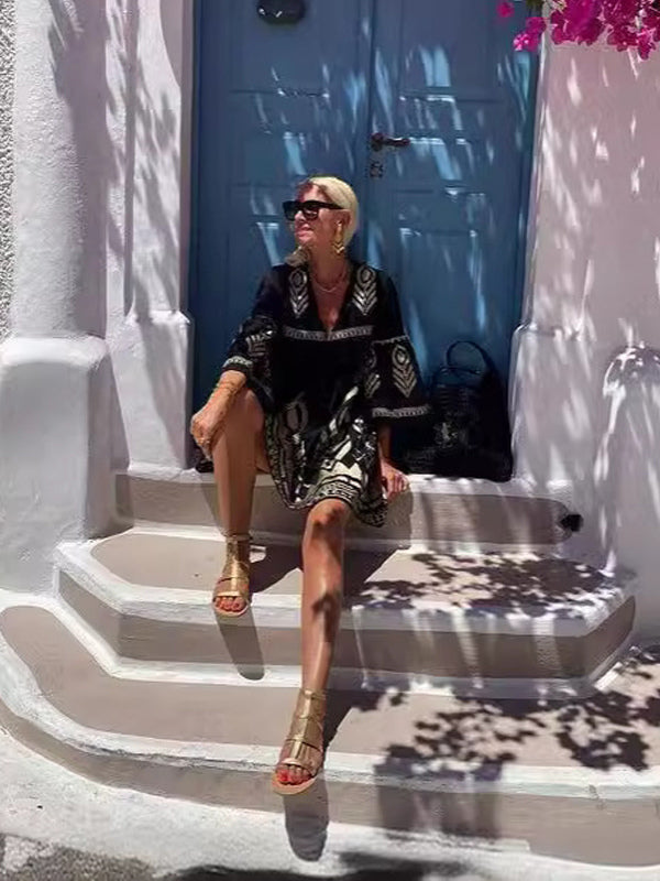 Boho Printed Mini Dress for Women - Black Ethnic V Neck Bell Sleeve Loose Fit Babydoll Tunic Dress - Summer Resort 2026
