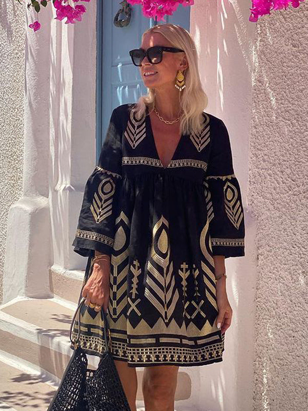Boho Printed Mini Dress for Women - Black Ethnic V Neck Bell Sleeve Loose Fit Babydoll Tunic Dress - Summer Resort 2026