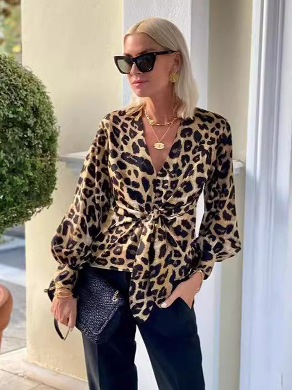 Leopard Print Blouse With Tie Detail V-neck Lantern Sleeves Top For Women 2026