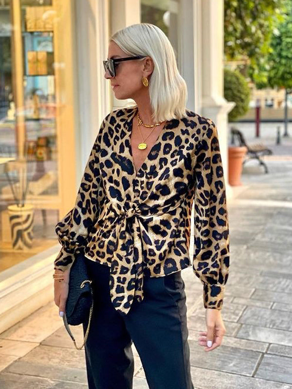 Leopard Print Blouse With Tie Detail V-neck Lantern Sleeves Top For Women 2026