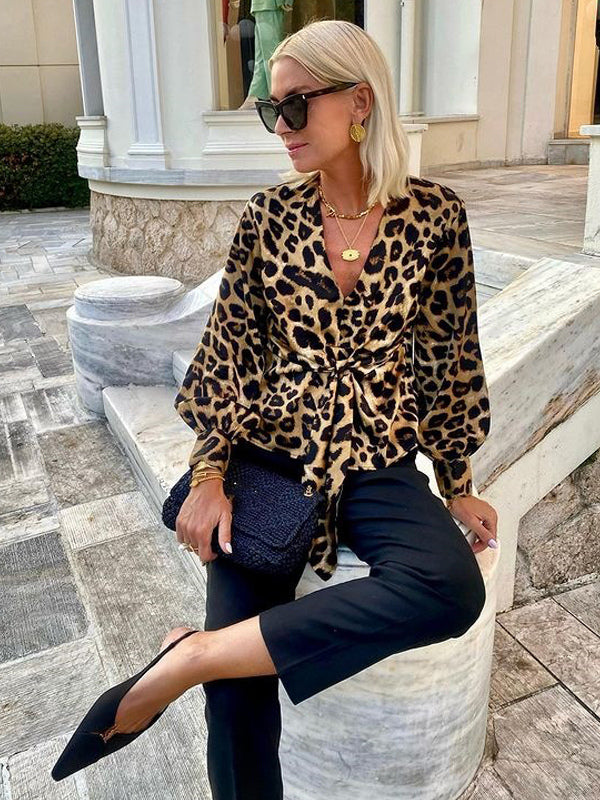 Leopard Print Blouse With Tie Detail V-neck Lantern Sleeves Top For Women 2026