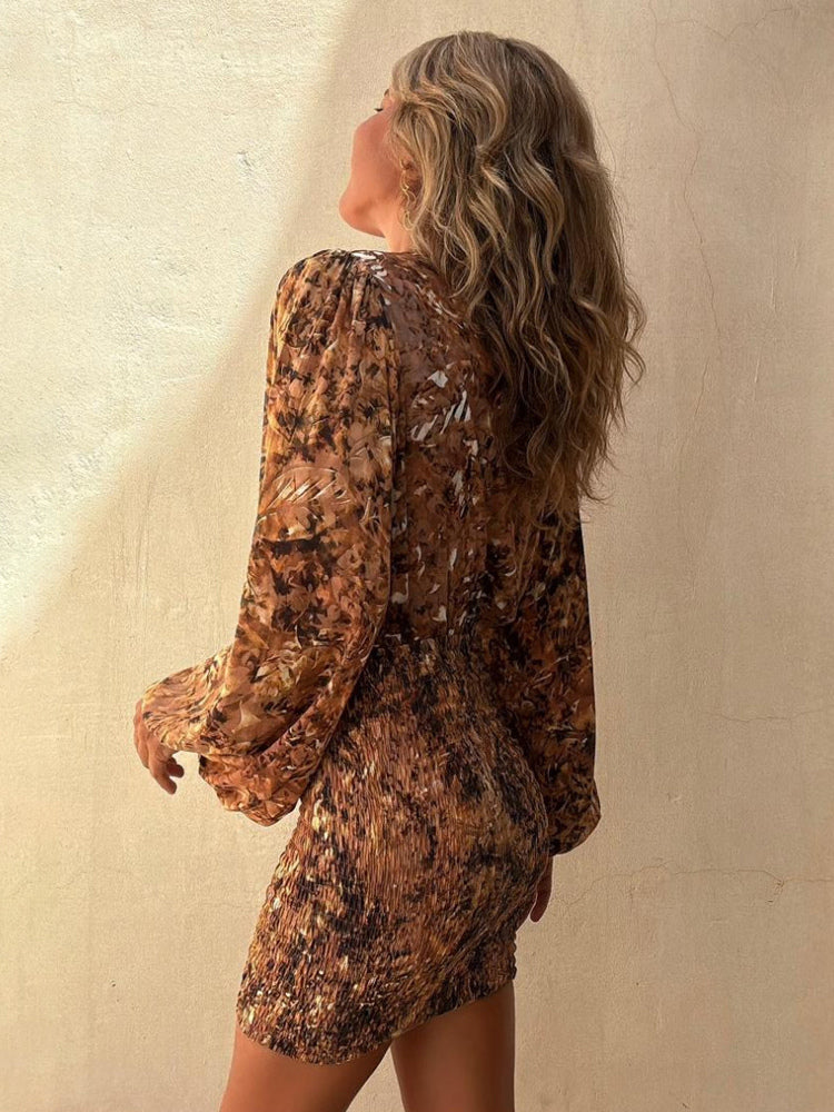 Boho Printed Mini Dress for Women - Tie Front V Neck Lantern Sleeve Smocked Short Bodycon - Summer Resort 2026
