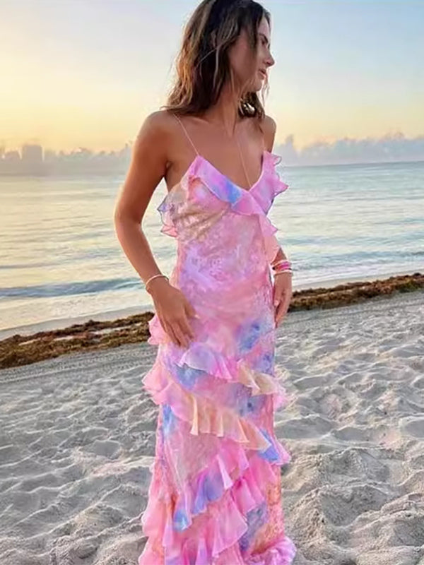 Tiered Ruffle Maxi Slip Dress for Women - Floral Backless V Neck Sleeveless Long Sundress - Summer Beach Vacation 2026