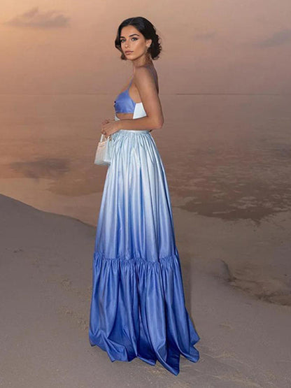 Gradient Maxi Slip Dress for Women - Blue Boho Side Cutout V Neck Tiered A Line Sundress - Summer Beach Vacation 2026