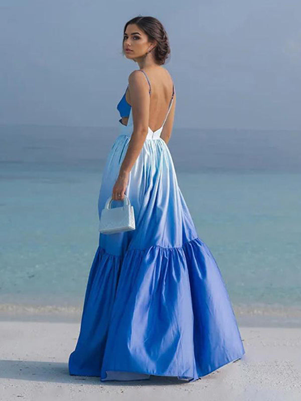 Gradient Maxi Slip Dress for Women - Blue Boho Side Cutout V Neck Tiered A Line Sundress - Summer Beach Vacation 2026