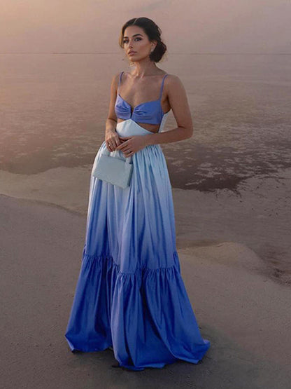 Gradient Maxi Slip Dress for Women - Blue Boho Side Cutout V Neck Tiered A Line Sundress - Summer Beach Vacation 2026