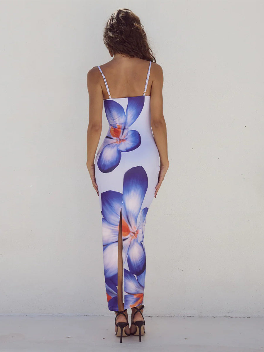 Floral Print Maxi Slip Dress for Women - Sexy Back Slit Sleeveless Bodycon Cami Sundress - Summer Beach Vacation 2026