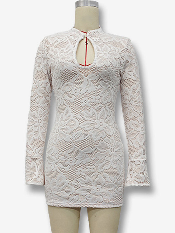 Mini Lace Dress With Cutout Long Sleeve High Neck Sexy Bodycon Club Dress For Women 2026