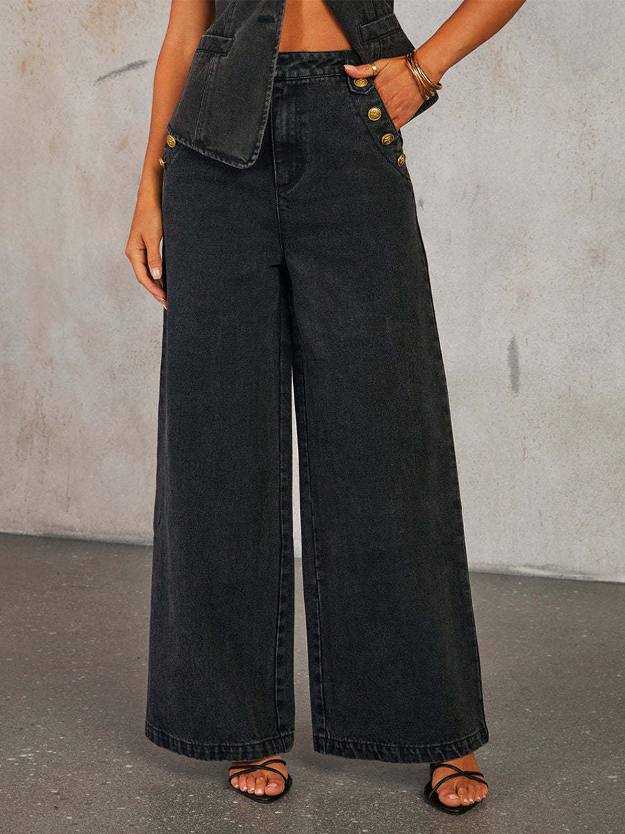 Denim Two Piece Co-ord Set Button-up Vest And Straight Jeans Summer Outfit For Women 2026