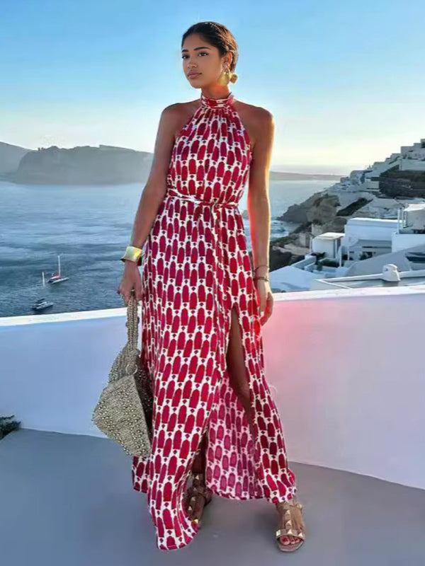 Halter Neck Maxi Dress for Women - Geometric Print Boho Side Slit Flowy Sleeveless Sundress - Summer Beach Resort 2026