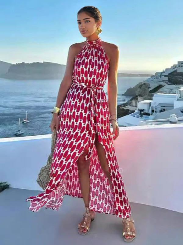 Halter Neck Maxi Dress for Women - Geometric Print Boho Side Slit Flowy Sleeveless Sundress - Summer Beach Resort 2026