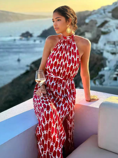 Halter Neck Maxi Dress for Women - Geometric Print Boho Side Slit Flowy Sleeveless Sundress - Summer Beach Resort 2026