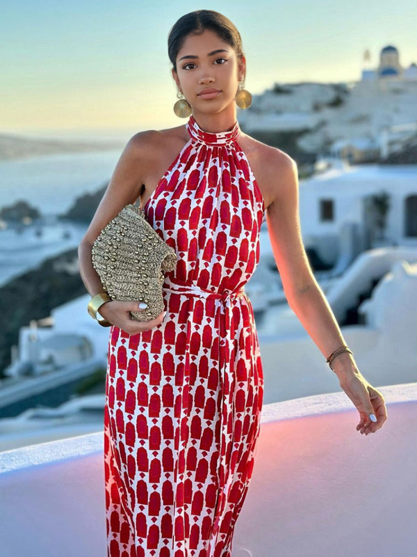 Halter Neck Maxi Dress for Women - Geometric Print Boho Side Slit Flowy Sleeveless Sundress - Summer Beach Resort 2026