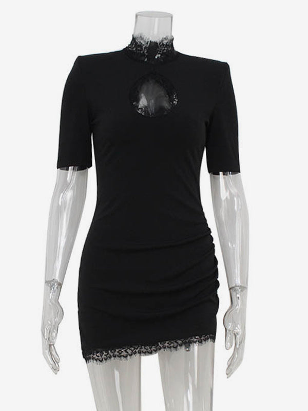 Black Bodycon Mini Dress With Lace Trim High Neck Sexy Club Dress For Women 2026