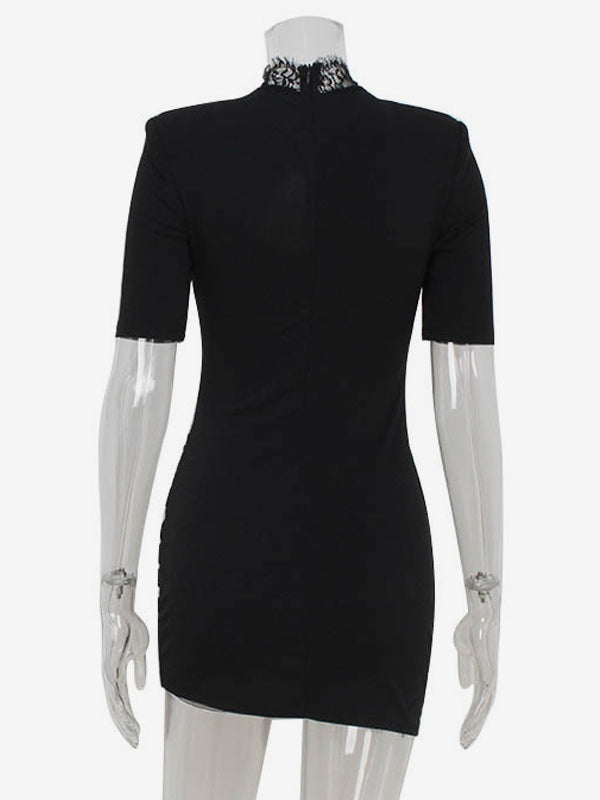 Black Bodycon Mini Dress With Lace Trim High Neck Sexy Club Dress For Women 2026