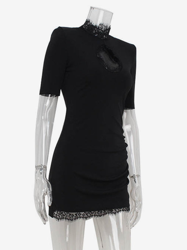 Black Bodycon Mini Dress With Lace Trim High Neck Sexy Club Dress For Women 2026