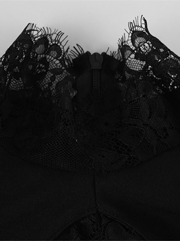 Black Bodycon Mini Dress With Lace Trim High Neck Sexy Club Dress For Women 2026