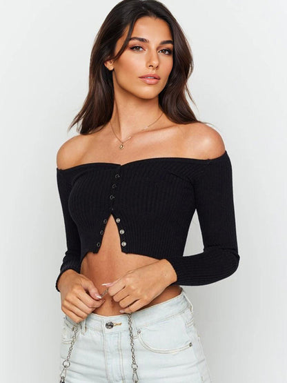 Trendy Cropped Top With Button Front Long Sleeve Off-Shoulder Knit Cardigan For Women 2026