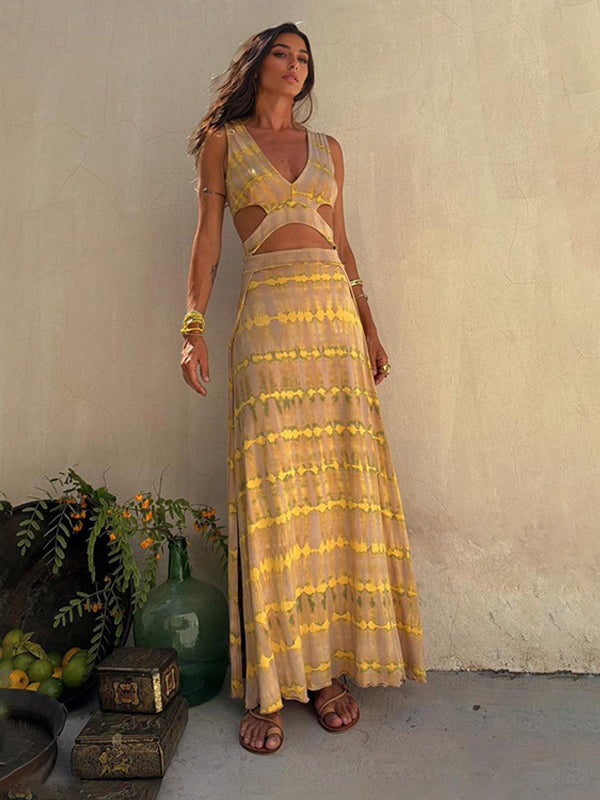 Tie Dye Maxi Dress for Women - Boho Cut Out V Neck High Slit Flowy Sleeveless Sundress - Summer Beach Vacation 2026